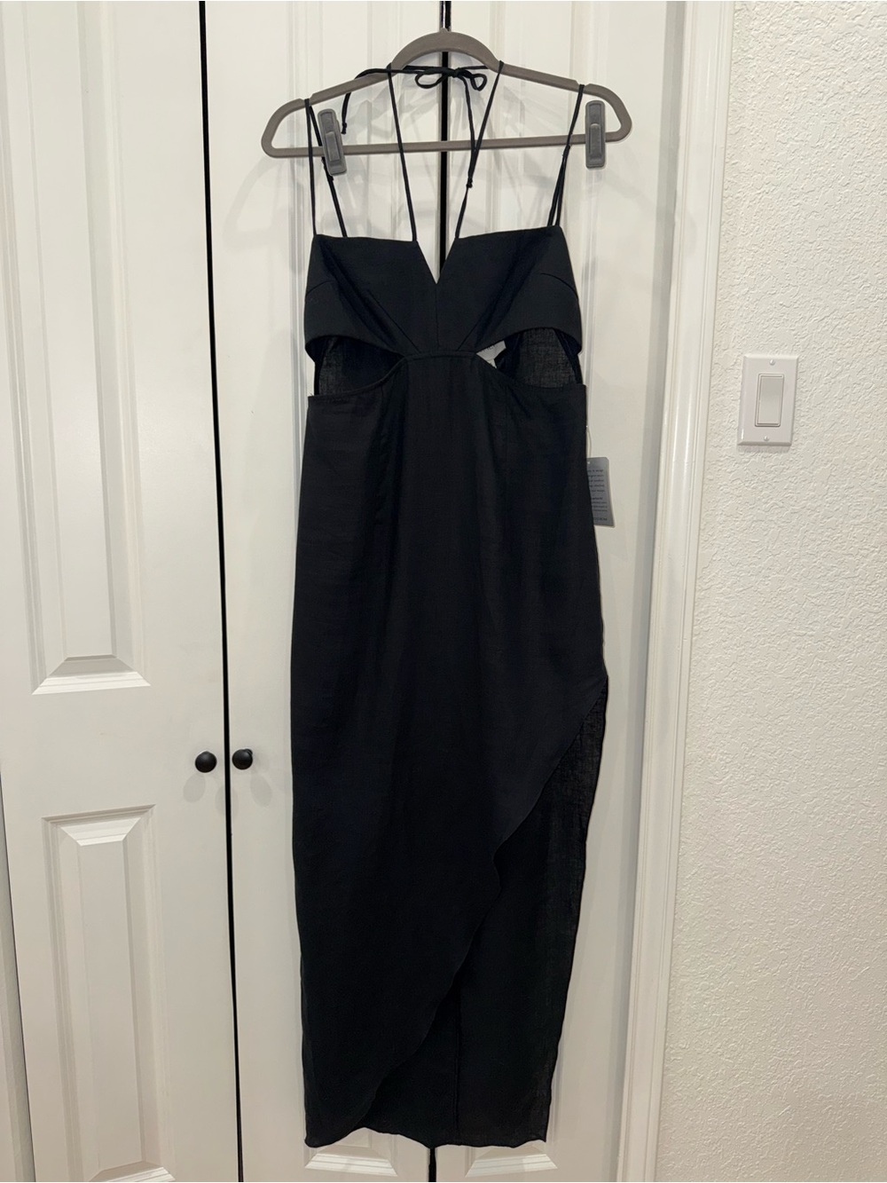 Linen Black Cutout Midi Dress with Spaghetti Straps